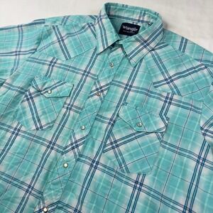 Wrangler Shirt Mens XL Pearl‎ Snap Blue Western Short Sleeve Cowboy Rodeo
